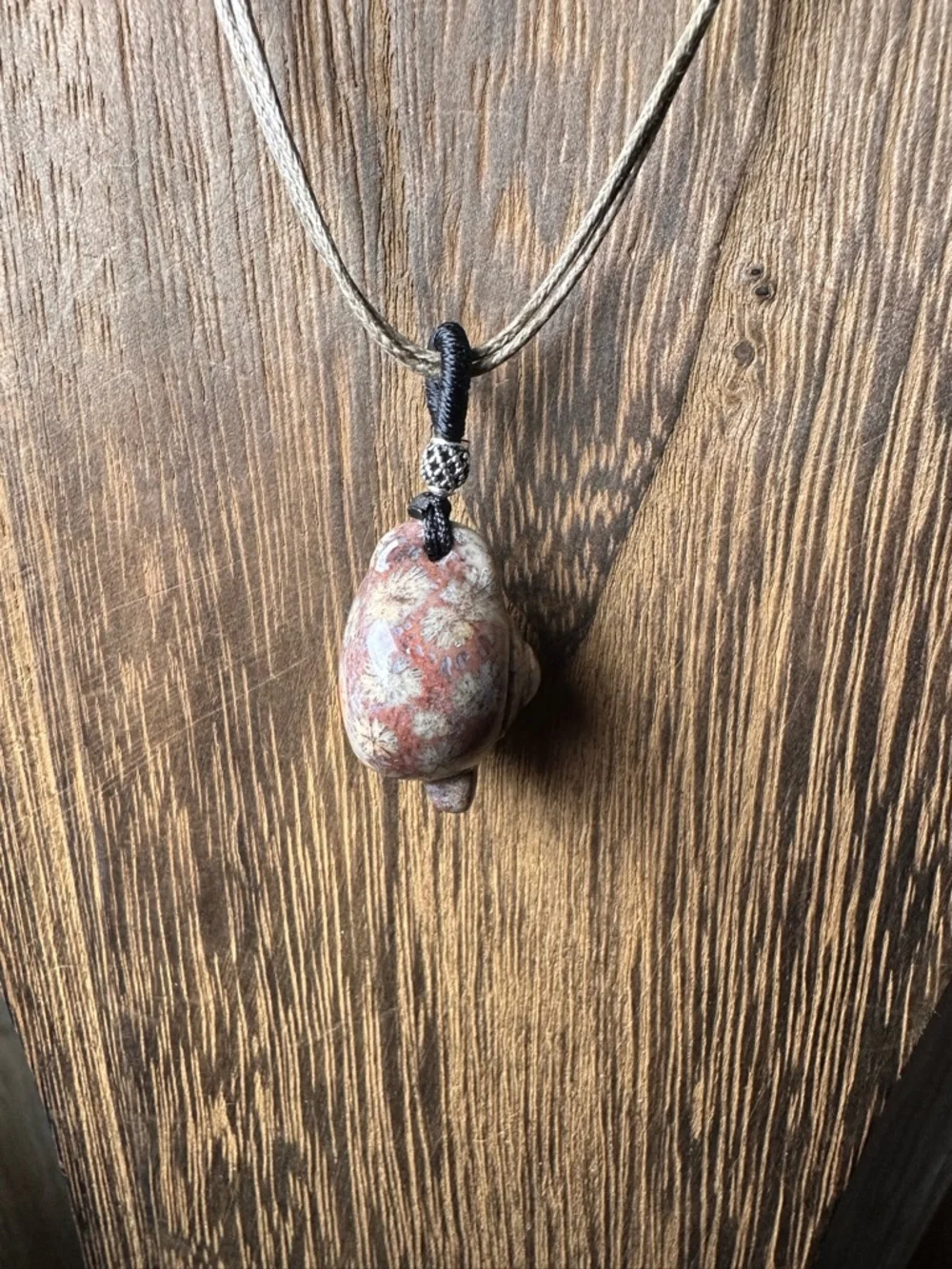 Adorable Coral Fossil Teapot Pendant Necklace, Sterling Silver Accent on Rope - Picture 9 of 15